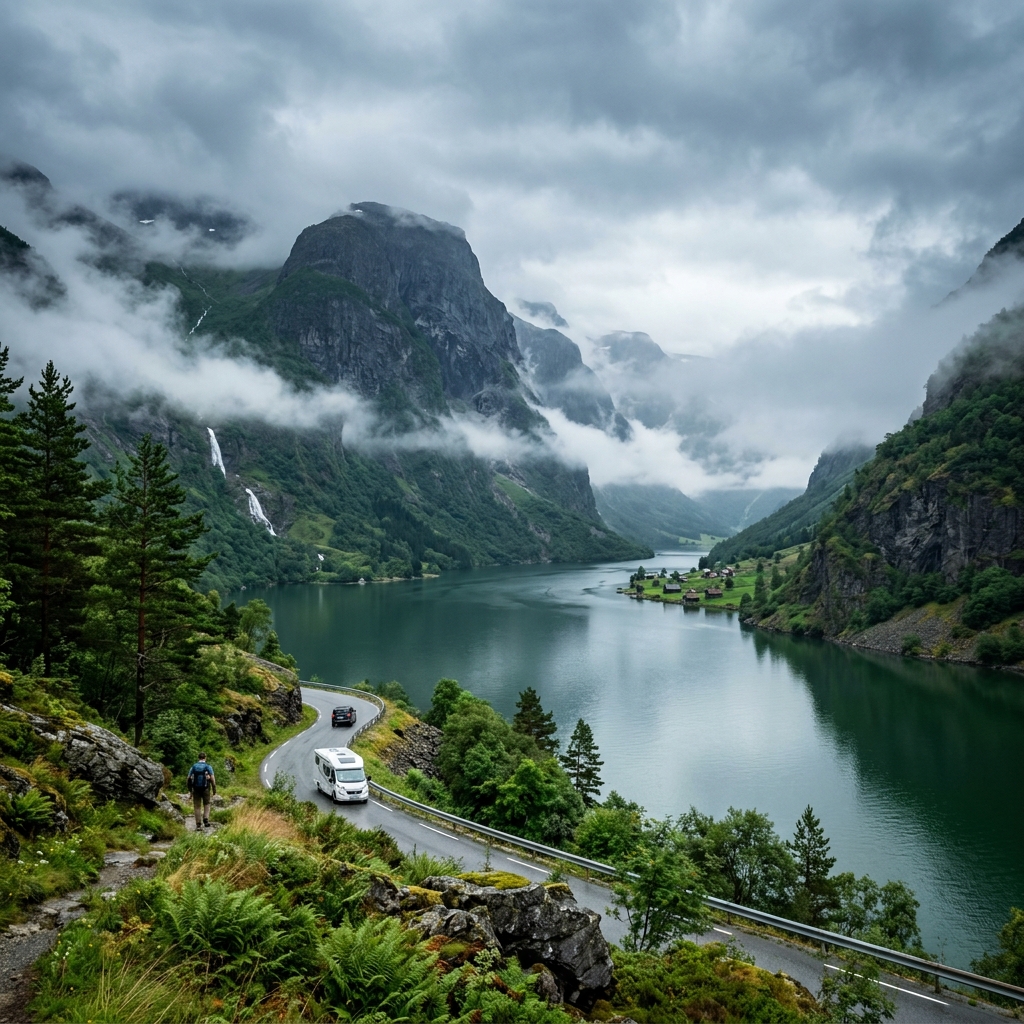 A cool, misty mountain landscape in Norway with an overlaid title indicating a cool-cation
